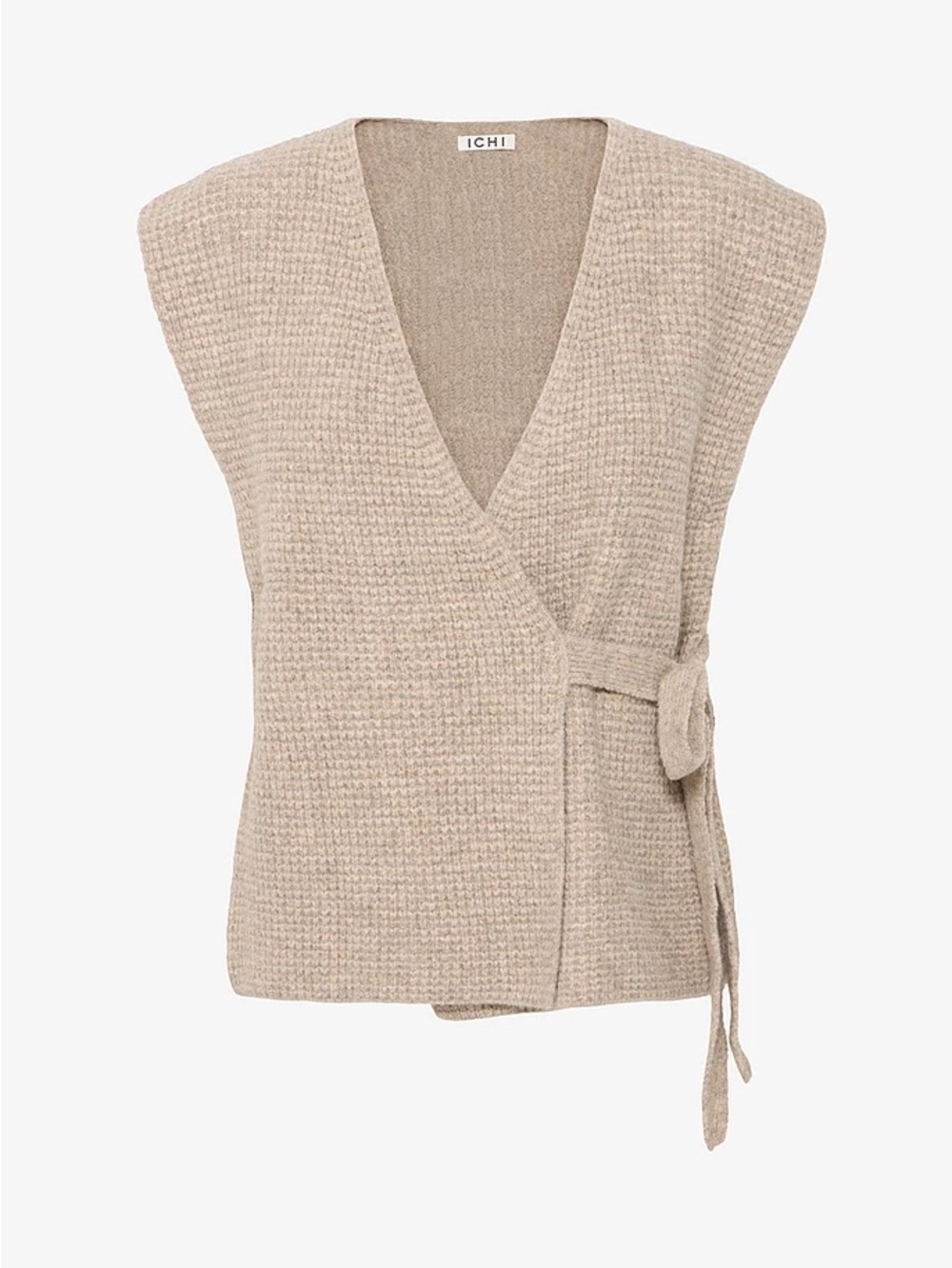 ICHI Taupe Wrap V-Neck Sweater Vest with Side Tie